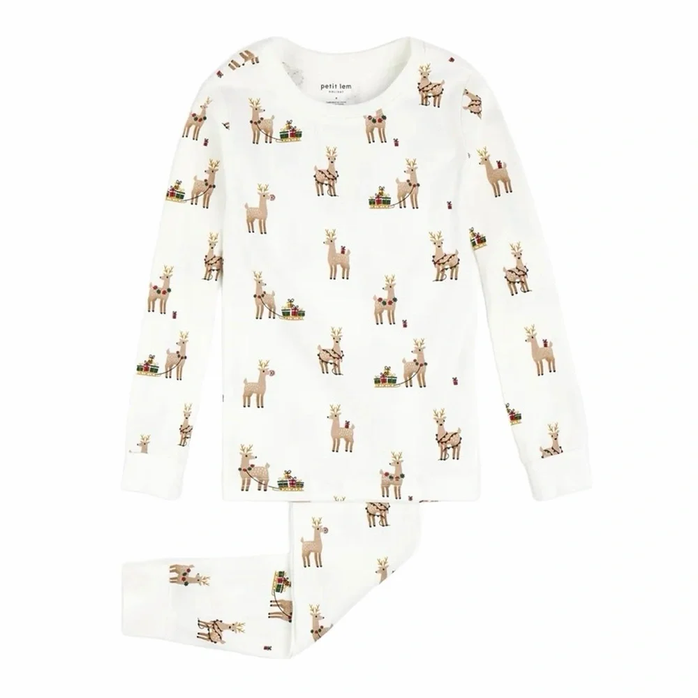 Petit Lem Reindeer Print Holiday Pajama Set NWT